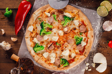 Delicious pizza lying on wooden table surrounded by fresh ingredients
