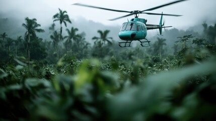 A helicopter flies low over a dense tropical rainforest, emphasizing the lush, green environment and the adventurous spirit of exploration and discovery in nature.