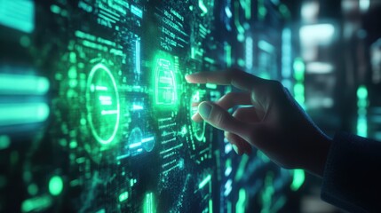 Close-up of employee reviewing financial benefits on a holographic display, glowing green and blue data points, sharp focus, soft neon lighting, modern office, 3D render.