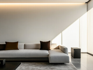 Modern minimalist living room with sunlight casting shadows on a sleek sofa and warm accents