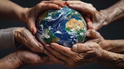 Group of people standing together, holding the Earth sphere, emphasizing unity and environmental awareness