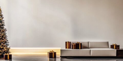 Christmas tree and neatly wrapped presents beside modern sofa in a minimalist living room setting during the holiday season