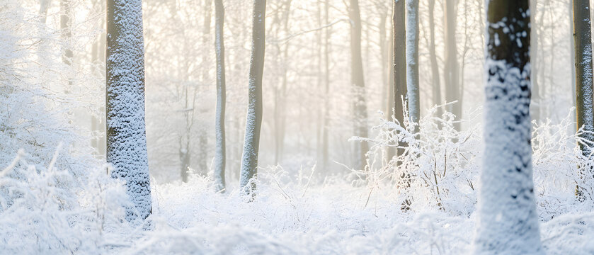 Snowy forest blanketed in fresh snow with branches covered, illuminated by gentle light. This serene and cozy winter scene features a soft, muted color palette, perfect for evoking a  winter theme