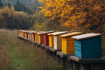 Bright beehives in shades of blue, yellow, and red line a grassy meadow, with autumn trees in the background