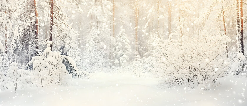 Snowy forest blanketed in fresh snow with branches covered, illuminated by gentle light. This serene and cozy winter scene features a soft, muted color palette, perfect for evoking a  winter theme