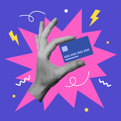 Collage design with hand holding credit card. Online shopping, banking concept. 