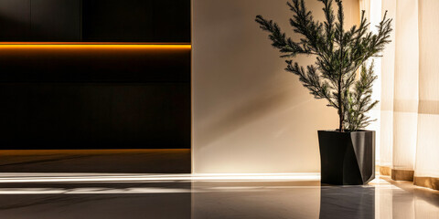 Modern interior featuring a potted plant in a well-lit corner with sleek furnishings and ambient lighting in a contemporary space