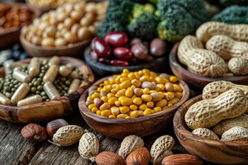 A wooden table with various types of nuts in bowls, perfect for snack or decoration