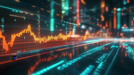 Fototapeta premium Close-up of financial dashboard tracking capital growth, glowing green and red risk data, sharp blue investment lines, soft focus, futuristic setting, 3D render.