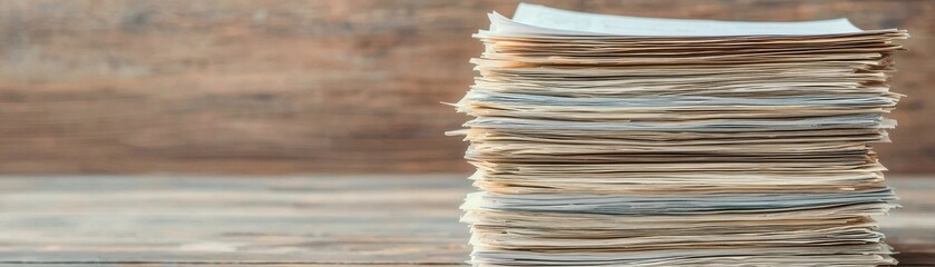 A neat stack of paper documents resting on a wooden desk, ideal for office or organization themes.