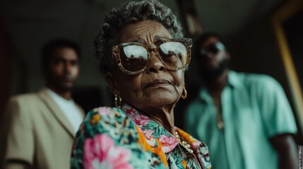 The image portrays an elderly woman in a vividly patterned floral dress, standing with two individuals in the background, creating a sense of depth and narrative intrigue.