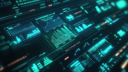 Abstract financial planning interface, close-up of glowing holographic charts, sharp edges, soft neon lighting, blue and green tones, futuristic high-tech office, digital art.