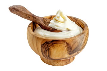 A wooden bowl filled with whipped cream and a matching wooden spoon for serving or decorating