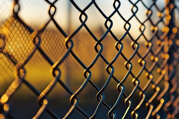Fototapeta premium Detailed view of chain-link fence with blurred background, emphasizing the golden sunlight and industrial texture.