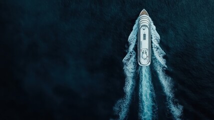 An overhead shot capturing a ship advancing majestically through the ocean, its passage marked by a symmetrical frothy wake, embodying grace and exploration amidst vast waters.