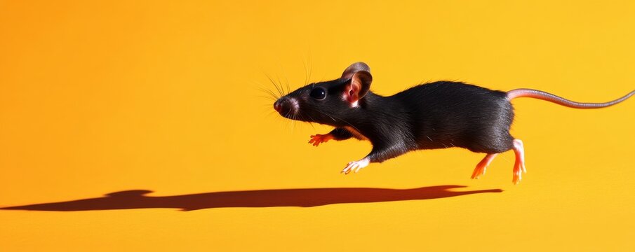 Black rat jumping on vivid yellow background