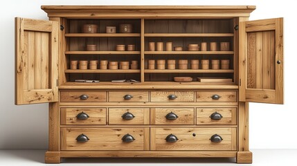 A tall wooden storage cabinet with drawers and shelves, isolated on a white backdrop