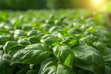 Obraz premium Lush Green Basil Plants with Dew Drops in Sunlit Garden for Nature and Herbal Themes