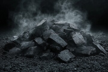 A pile of coal is on the ground with smoke coming from it. Concept of darkness and danger, as the coal is a symbol of destruction and the smoke represents the harmful effects of burning fossil fuels
