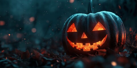 Obraz premium A classic glowing jack-o-lantern emits a warm glow, casting a festive and spooky ambience perfect for Halloween night.