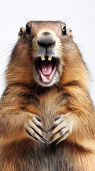 Fototapeta premium Marmot sitting and showing teeth on white background