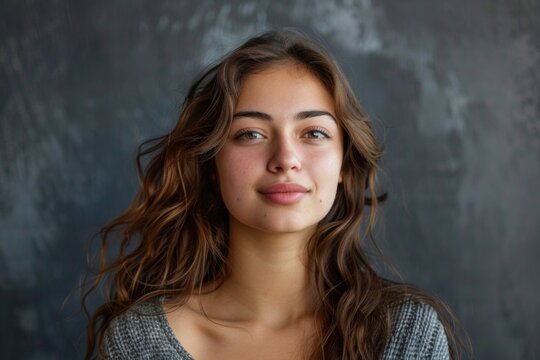 A woman with long brown hair wearing a gray sweater, a simple yet elegant portrait