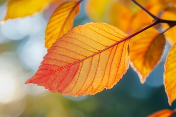 Fototapeta premium A close-up view of a vivid autumn leaf showcasing intricate details, set against a beautifully blurred colorful background.