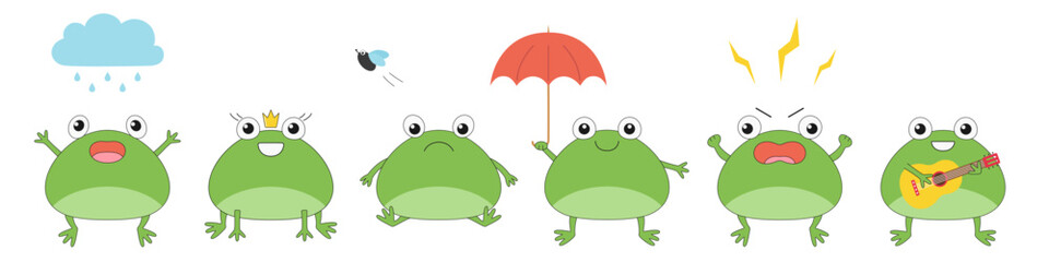 Frogs cartoon character set childish cute lovely funny happy smile angry scream sad rain umbrella vector illustration.