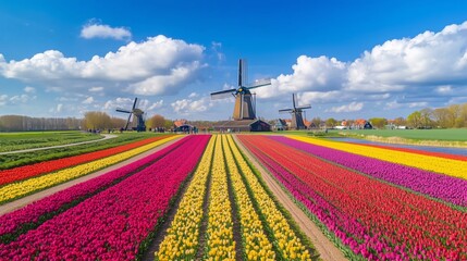 Aerial view of vibrant tulip fields near Dutch windmills showcases spring's colorful beauty.