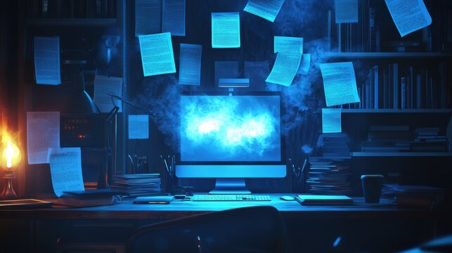 Spooky Business Desk: Eerie Halloween Workspace with Glowing Computer and Floating Ghostly Files