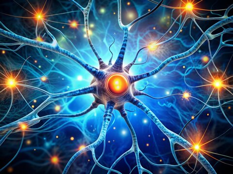 Image of a neuron affected by Angelman syndrome, with an abnormally large nucleus and disrupted synapses