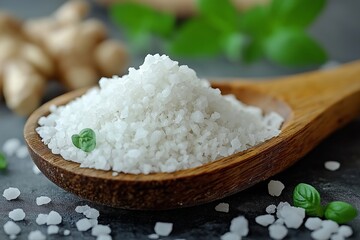A spoonful of salt is on a table with some herbs