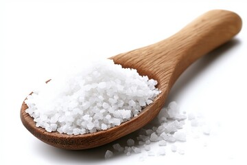 A spoonful of salt is shown on a white background