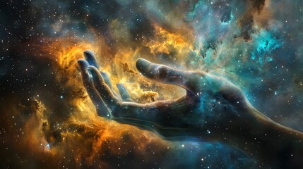 Fototapeta premium Hand Capturing a Nebula: A hand gently grasping a swirling, colorful nebula, with tendrils of gas and dust flowing between the fingers. 