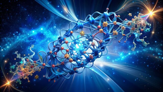 Illustration of LDH enzyme in a dynamic, swirling motion, set against a contrasting dark blue background with tiny stars, conveying the energy and activity of the protein.