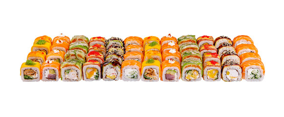 Sushi set forming a colorful mosaic on white background