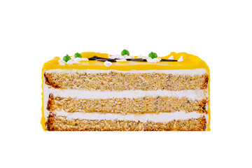 Delicious lemon cake with white chocolate decoration isolated on white background