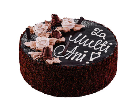 Chocolate cake with happy birthday message in romanian celebrating many years