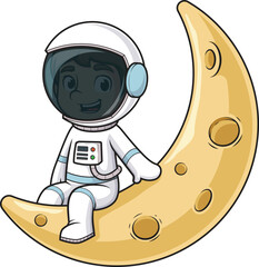 Cartoon cute astronaut on half moon vector illustration