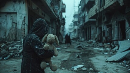 A person wearing a hooded jacket holds a cuddly stuffed animal