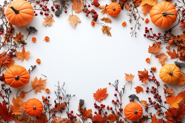 Obraz premium A white background with a large orange pumpkin in the center surrounded by a variety of orange and red leaves