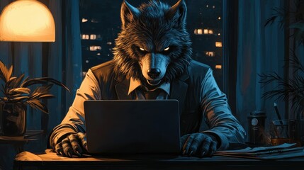 Fototapeta premium Corporate Halloween Spirit: Werewolf Office Worker Typing on Laptop for Spooky Season