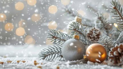 Fototapeta premium Christmas ornaments on snowy pine branches with festive bokeh background