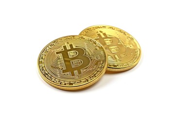 A pair of golden bitcoins on a white background, great for financial or economic use
