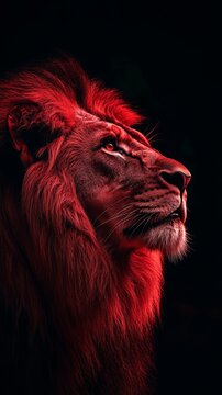 Powerful red lion looking up with black background