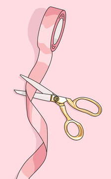Illustration golden scissors trimming a pink ribbon
