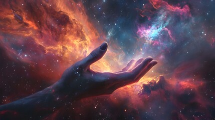 Obraz premium Hand Capturing a Nebula: A hand gently grasping a swirling, colorful nebula, with tendrils of gas and dust flowing between the fingers. 
