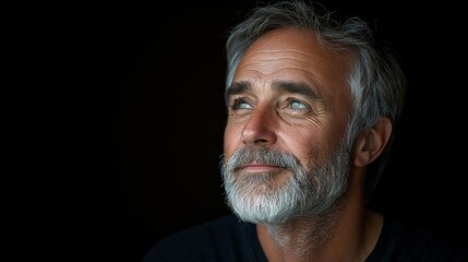 Obraz premium A man with a beard and gray hair is looking up at the camera. He has a smile on his face and his eyes are bright
