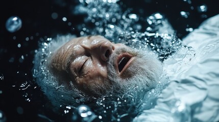 A dramatic underwater scene showcases a diver surrounded by bubbles and sharp, contrasting lights, capturing the intensity and beauty of exploring the underwater realm.