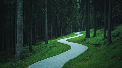 Serene pine forest bicycle path winding gracefully.
